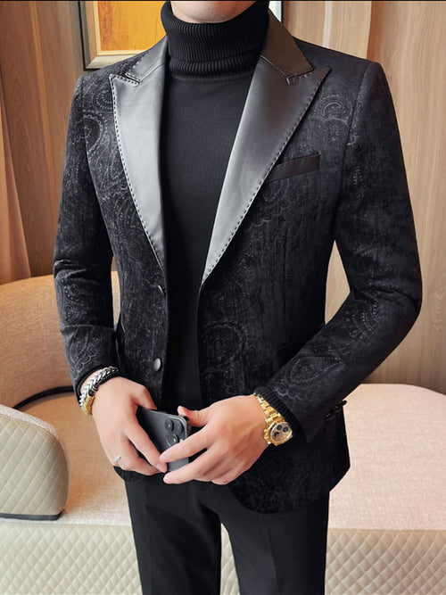 Men's Jacquard Velvet Blazer with Leather Lapels
