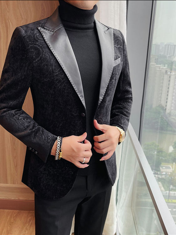 Men's Jacquard Velvet Blazer with Leather Lapels