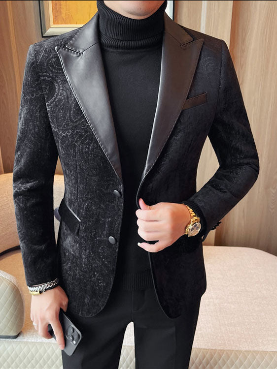 Blazer Homme Velours Jacquard Revers Cuir