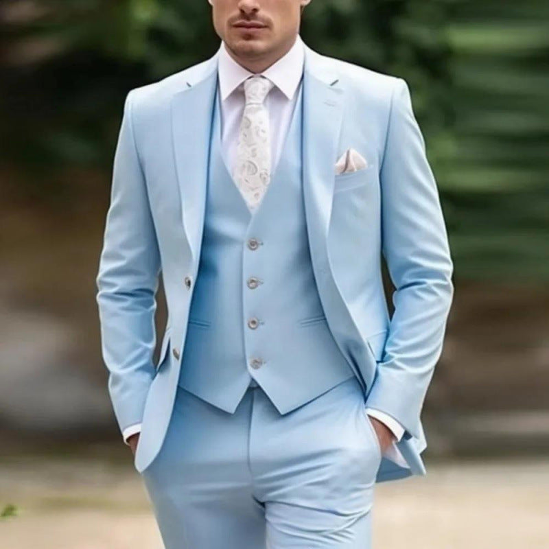 Elegant Men's Three-Piece Solid Color Suit