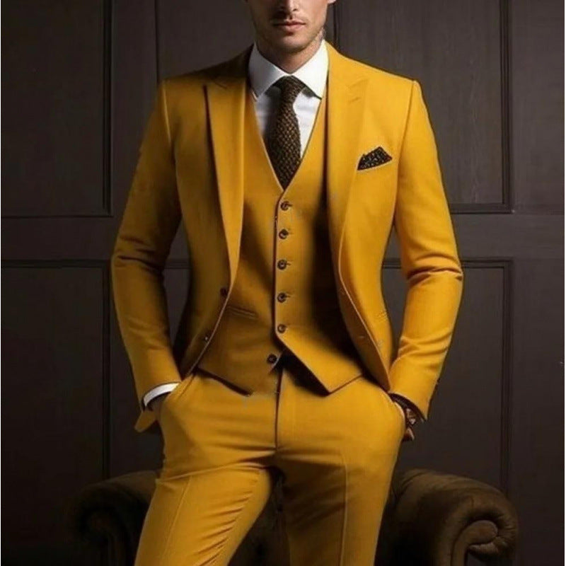 Elegant Men's Three-Piece Solid Color Suit