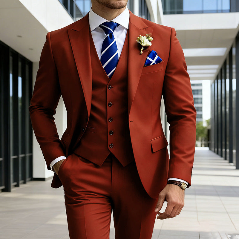 Elegant Men's Three-Piece Solid Color Suit