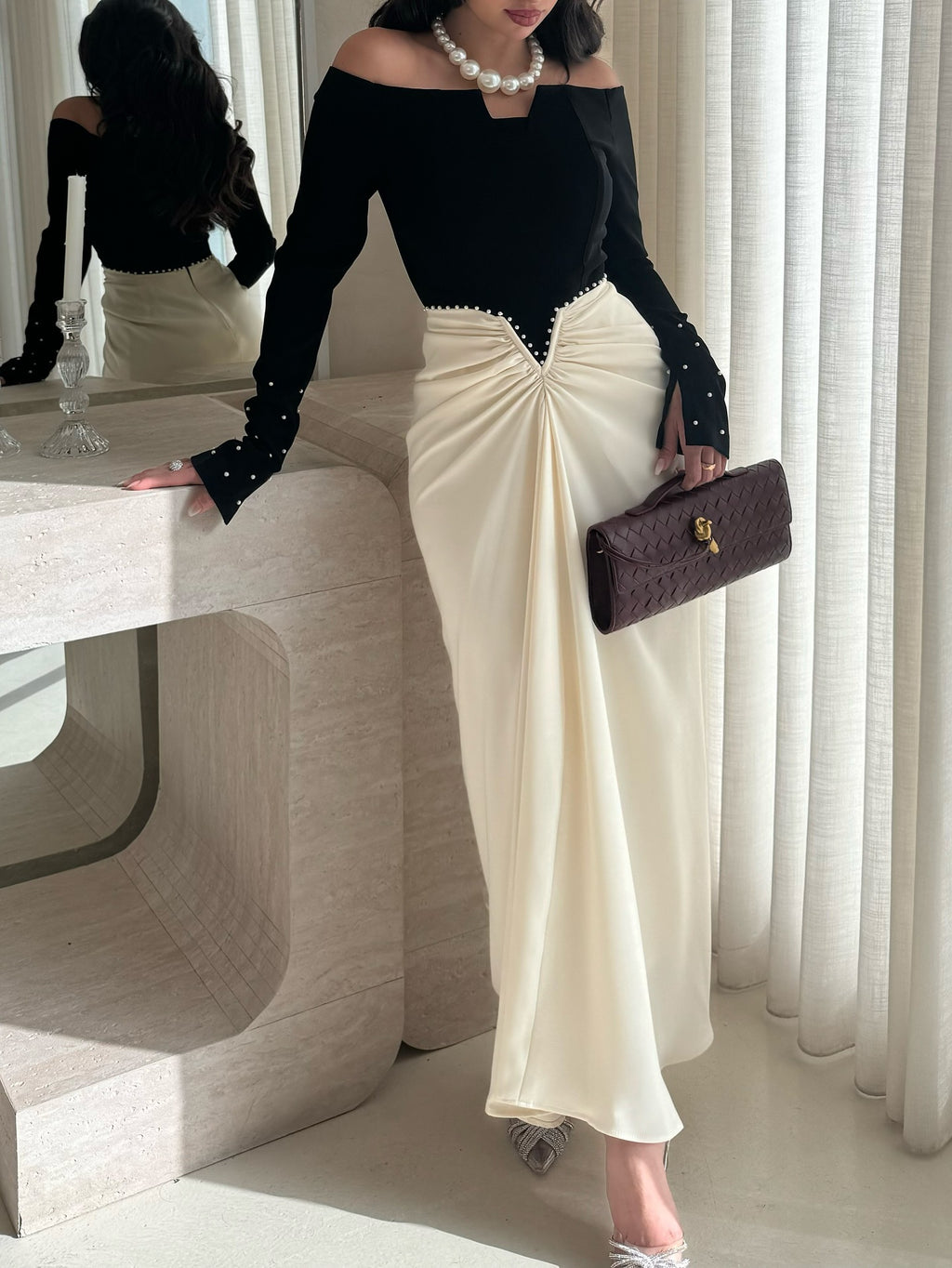 Elegant Dress with Pearls and Colors