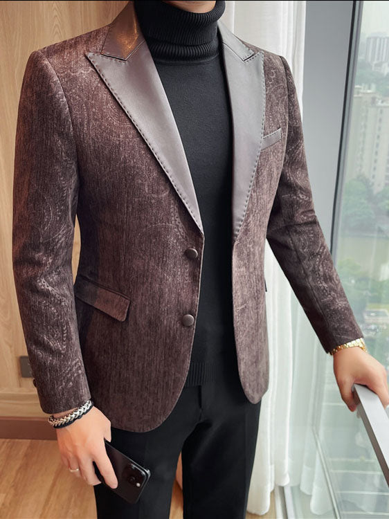 Men's Jacquard Velvet Blazer with Leather Lapels