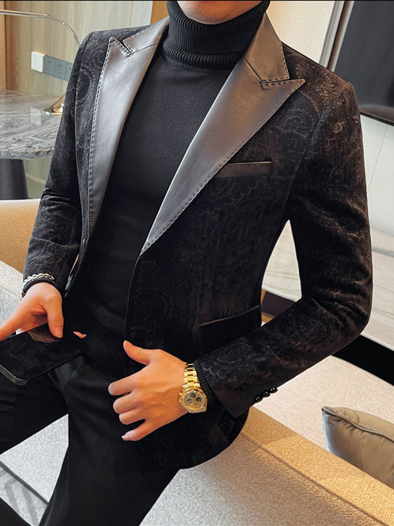 Men's Jacquard Velvet Blazer with Leather Lapels