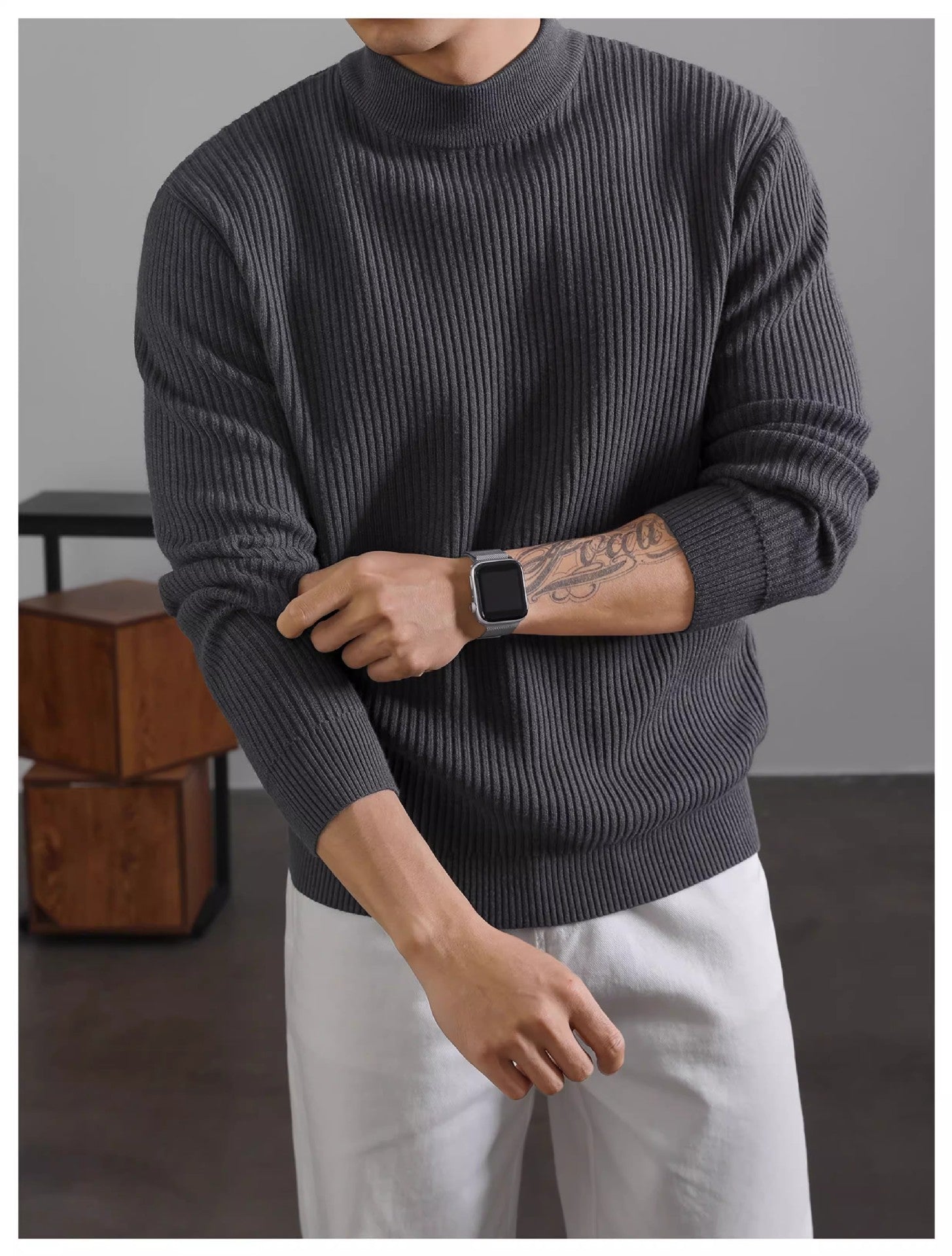 Turtleneck Sweater with Vertical Stripes