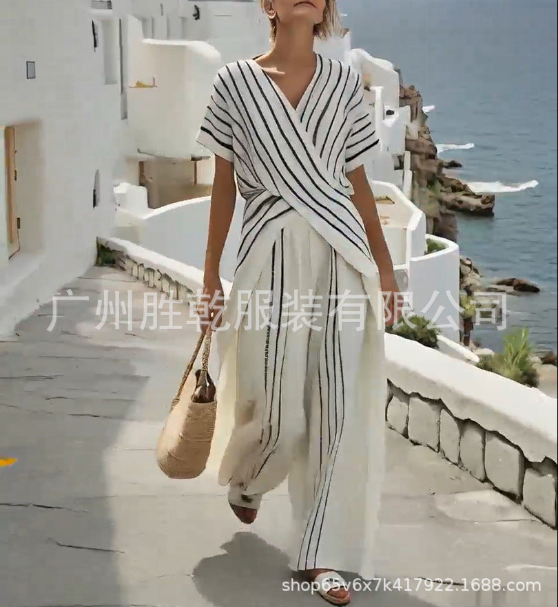 Striped Top and Wide Leg Pants Set