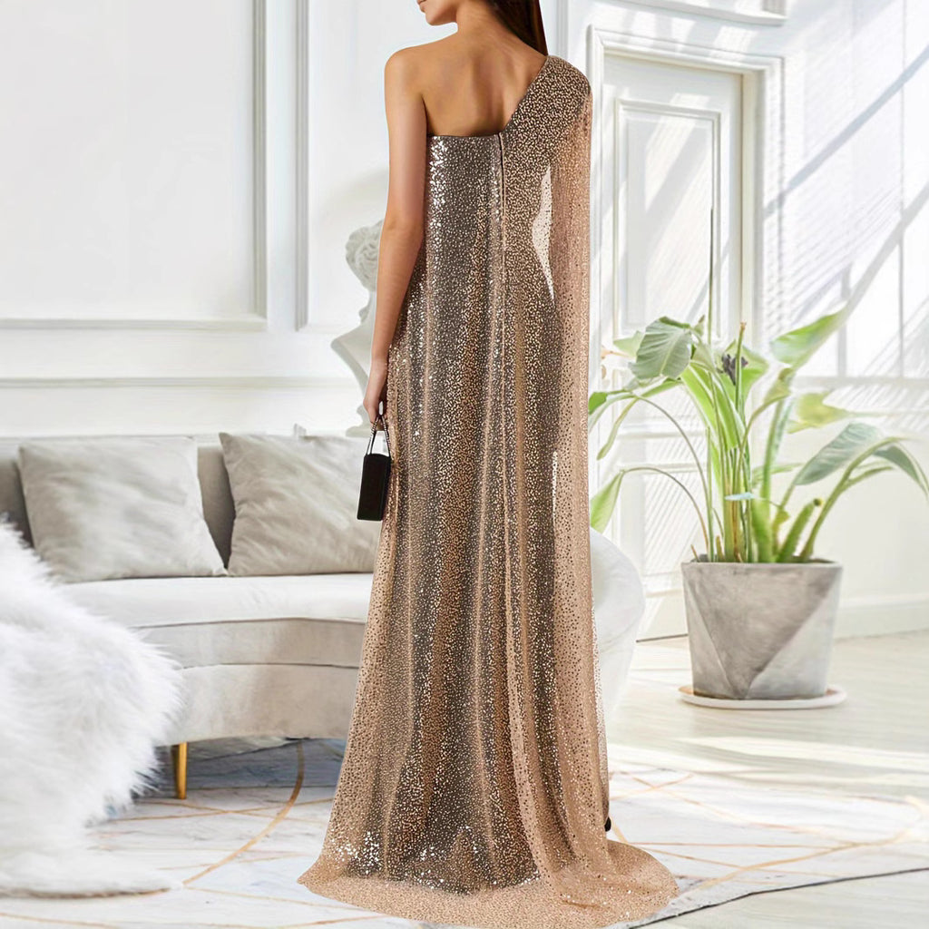 Asymmetrical Black Dress with Cape and Slit