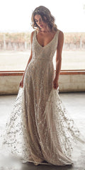 Long Tan V-Neck Dress