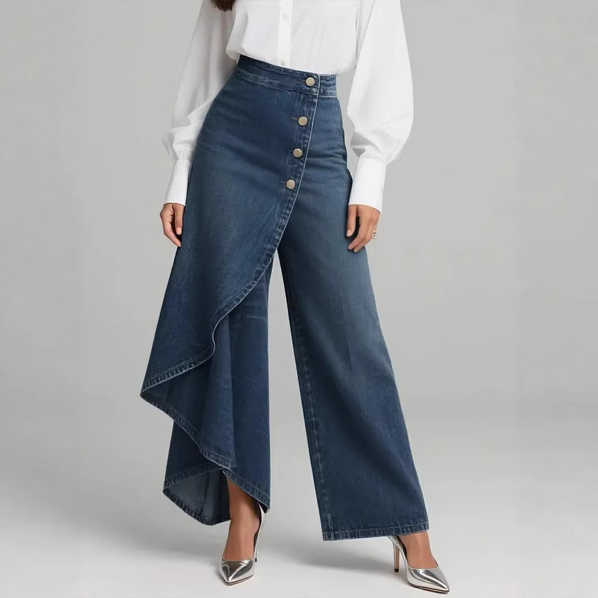 Pantalon Droit Femme Boutons Volantés Mode