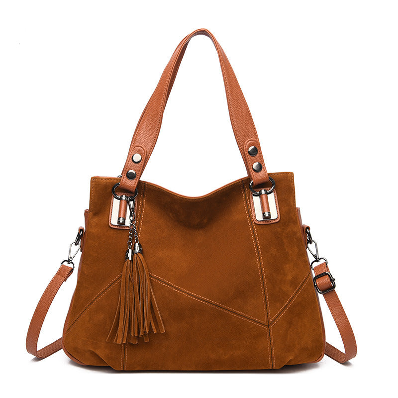 Women's Retro Suede Shoulder Bag with Fringe and Zipper Closure