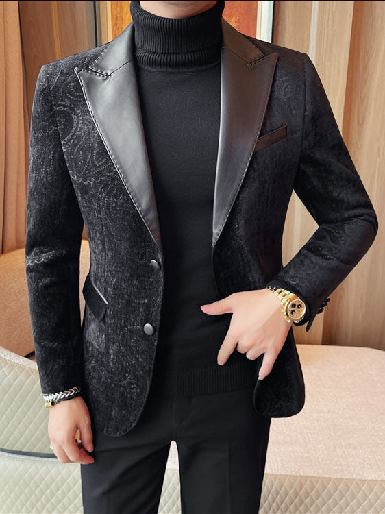 Men's Jacquard Velvet Blazer with Leather Lapels