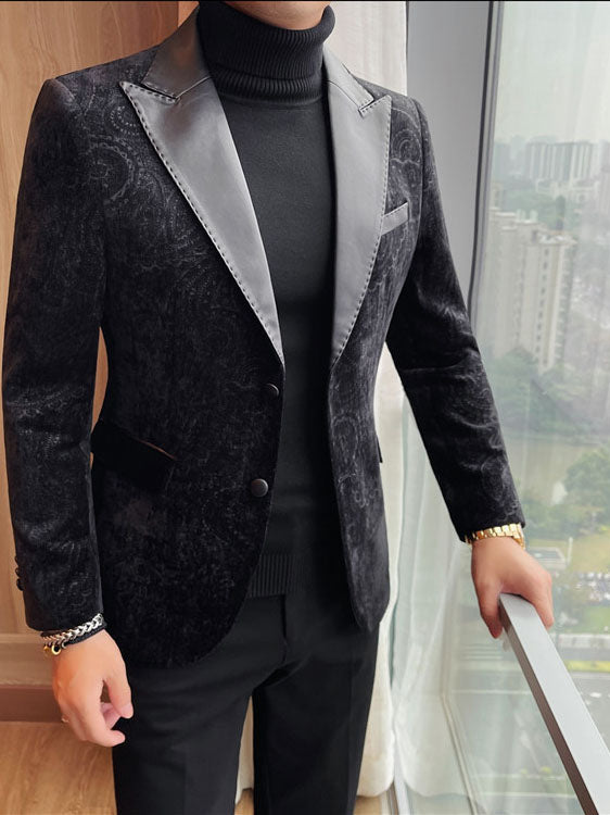Men's Jacquard Velvet Blazer with Leather Lapels
