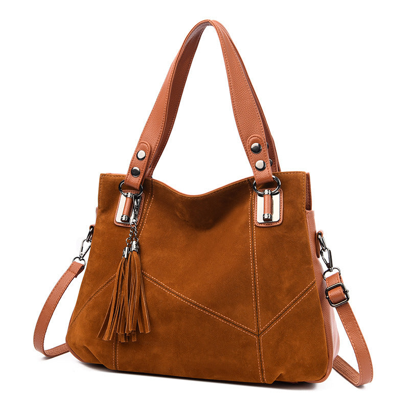 Women's Retro Suede Shoulder Bag with Fringe and Zipper Closure