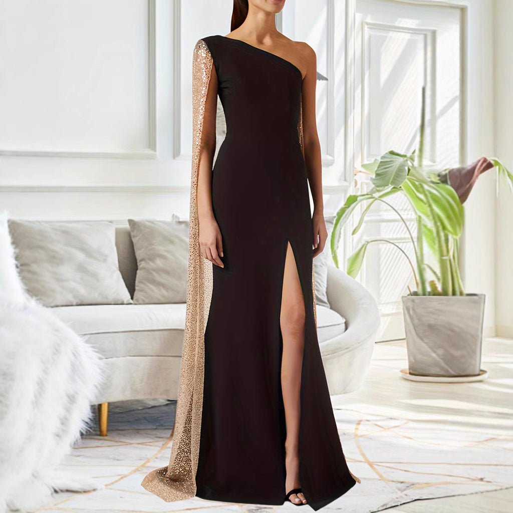 Asymmetrical Black Dress with Cape and Slit