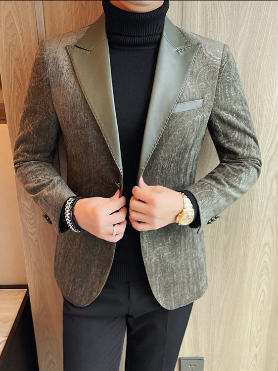 Men's Jacquard Velvet Blazer with Leather Lapels
