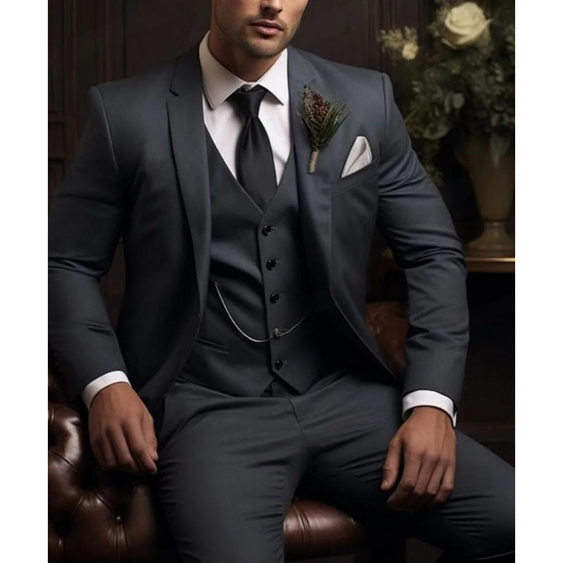 Elegant Men's Three-Piece Solid Color Suit