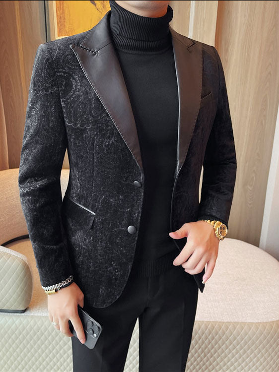 Men's Jacquard Velvet Blazer with Leather Lapels