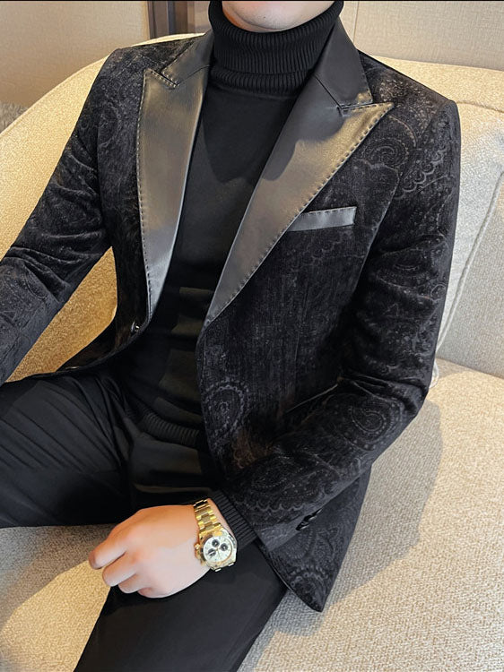 Men's Jacquard Velvet Blazer with Leather Lapels