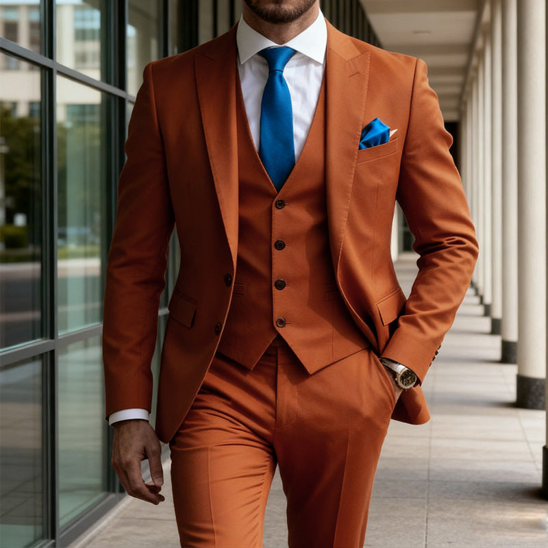 Elegant Men's Three-Piece Solid Color Suit