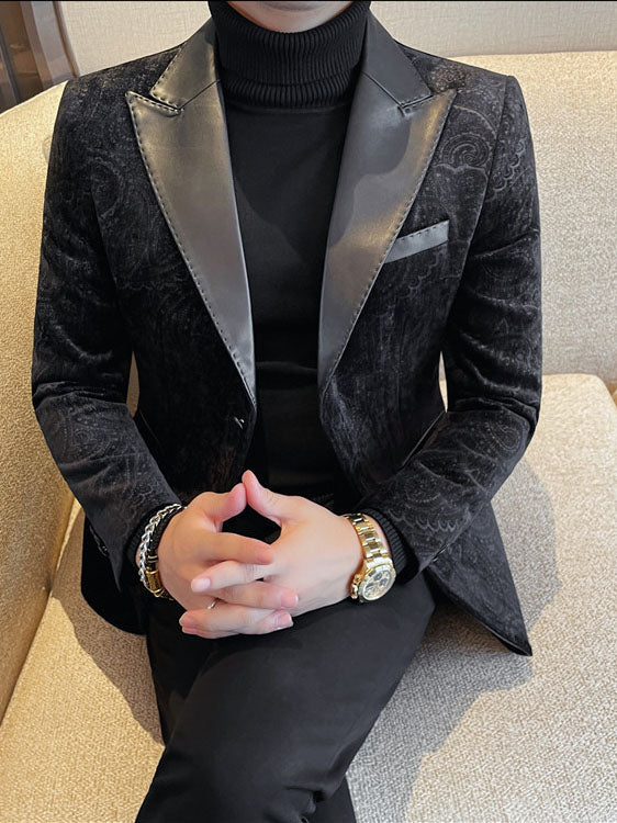 Men's Jacquard Velvet Blazer with Leather Lapels
