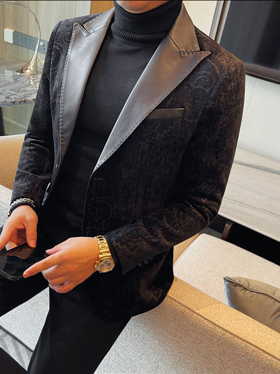 Men's Jacquard Velvet Blazer with Leather Lapels