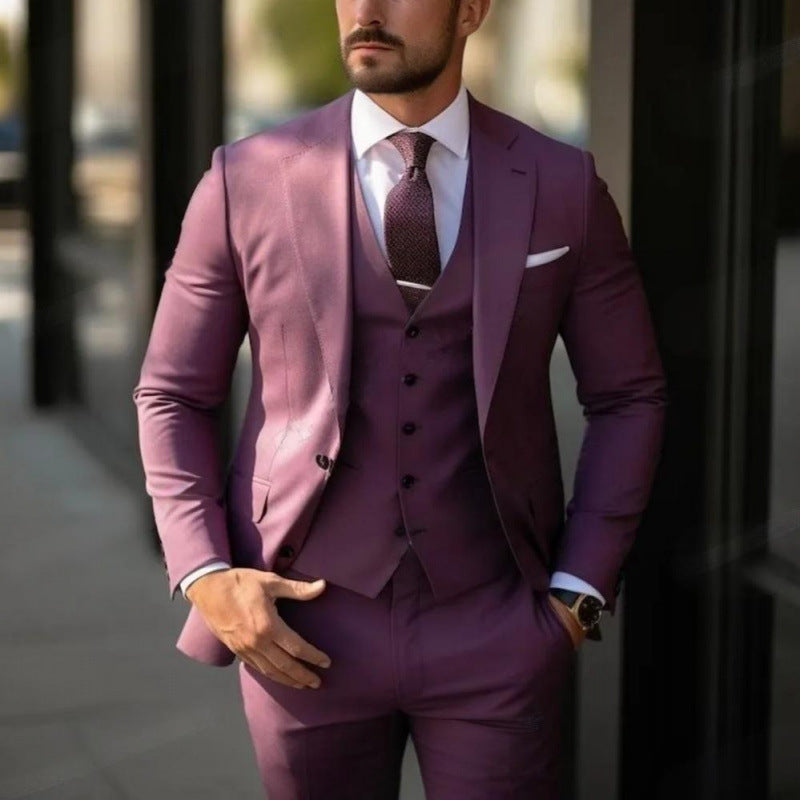Elegant Men's Three-Piece Solid Color Suit