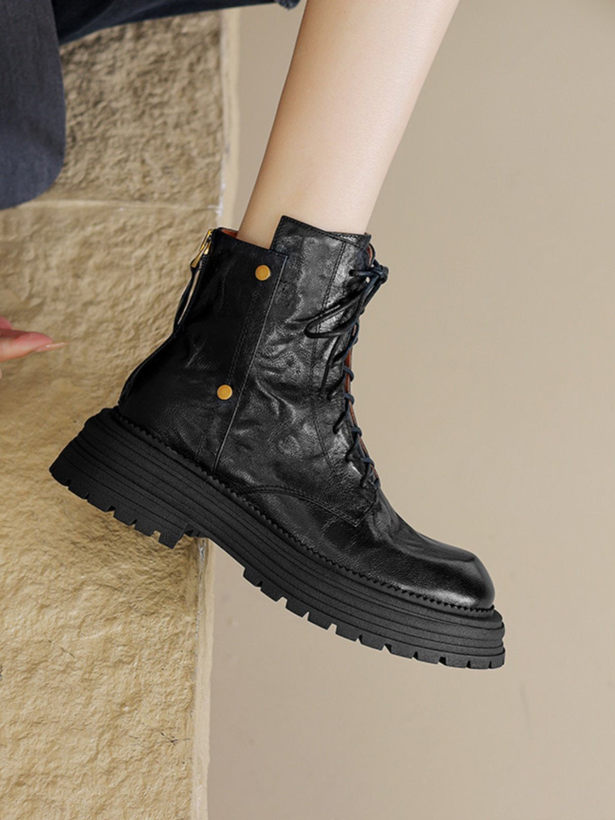 Women's Sheepskin Ankle Boots with Platform Sole and Laces